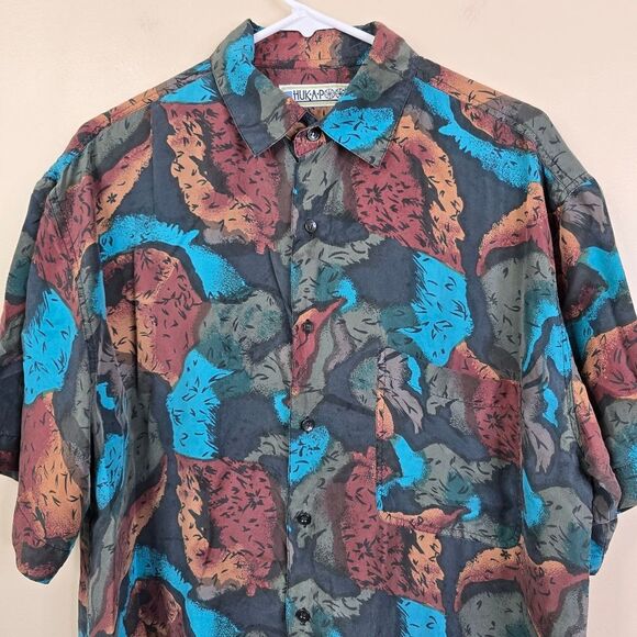 Huk-A-Poo Mens Vintage Silk Abstract Printed Short Sleeve Button Down Large - Picture 2 of 5